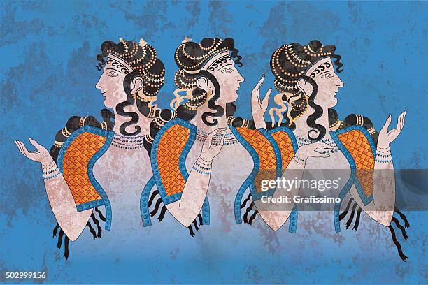 fresco drei minoischen frauen knossos - griechische kultur stock-grafiken, -clipart, -cartoons und -symbole