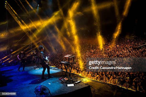 Matthew Murphy of the band The Wombats performs for New Years Eve at Falls Festival on December 31, 2015 in Byron Bay, Australia.