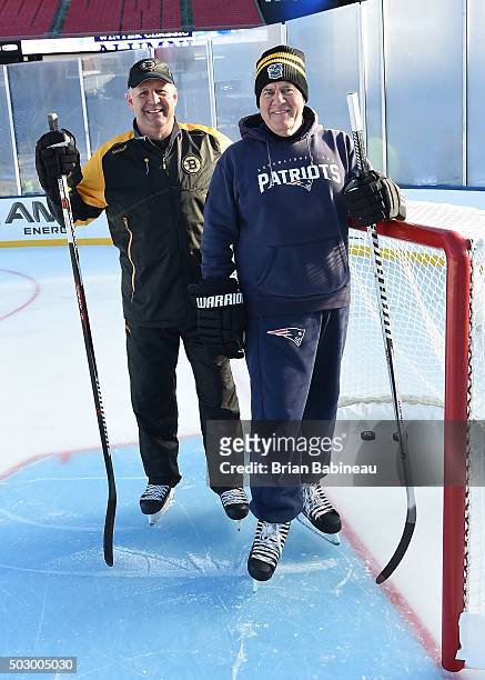 Head Coach Bill Belichick of the New England Patriots and head coach Claude Julien of the Boston Bruins skate before team practices prior to the 2016...