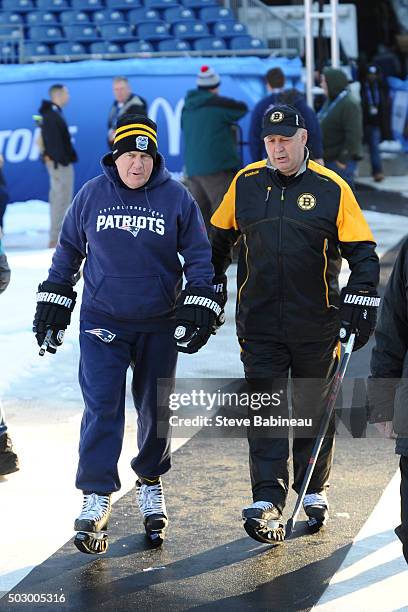 New England Patriots head coach Bill Belichick and Boston Bruins head coach Claude Julien enjoy Practice Day on December 31, 2015 during 2016...