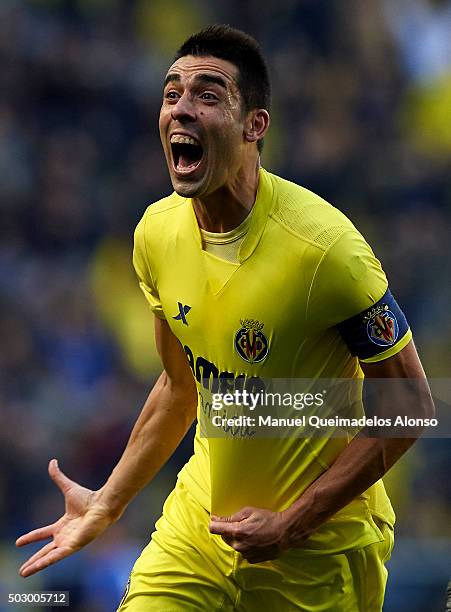 Bruno Soriano of Villarreal celebrates scoring his team's first goal during the La Liga match between Villarreal CF and Valencia CF at El Madrigal on...
