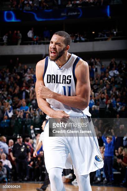 JaVale McGee of the Dallas Mavericks celebrates during the game against the Memphis Grizzlies on December 18, 2015 at the American Airlines Center in...