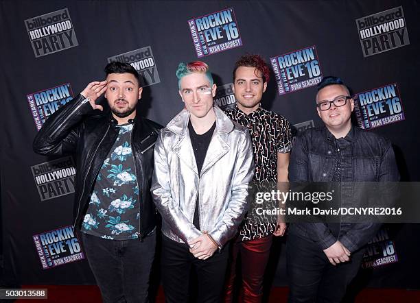 Recording artists Eli Maiman, Nicholas Petricca, Kevin Ray and Sean Waugaman of Walk the Moon attend Dick Clark's New Year's Rockin' Eve with Ryan...