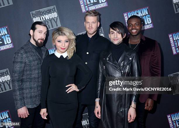 Singers Avi Kaplan, Kirstin Maldonado, Scott Hoying, Mitch Grassi and Kevin Olusola of Pentatonix attends Dick Clark's New Year's Rockin' Eve with...