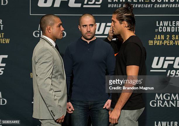 Diego Brandao and Brian Ortega face off during the Ultimate Media Day at the MGM Grand Hotel/Casino on December 31, 2015 in Las Vegas Nevada.