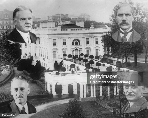 The White House in Washington with portraits of President Herbert Hoover and Prime Minister Ramsay MacDonald and Secretary of State Henry Lewis...