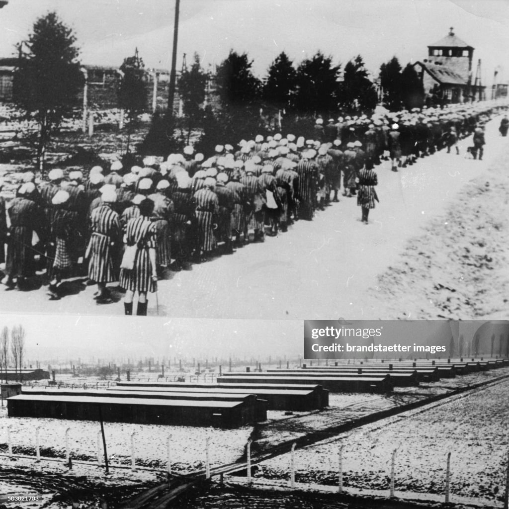 Above: Female Prisoners Return After Their Daily Work To The Concentration Camp Auschwitz; Guarded By Guards With Long Sticks. Ca. 1943. Below: View Of The Camp In Auschwitz In 1963. Photograph Was Used For The Prosecution In The So-Called Auschwitz Trial