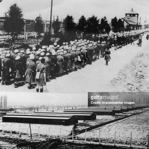 Female prisoners return after their daily work to the concentration camp Auschwitz; guarded by guards with long sticks. Ca. 1943. Below: view of the...