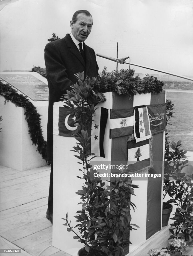 Minister Kurt Waldheim Is Delivering A Speech At The First Stone Laying Of The Vienna Islamic Centre. Vienna 21. Hubertusdamm. 29 Februar 1968. Photograph.