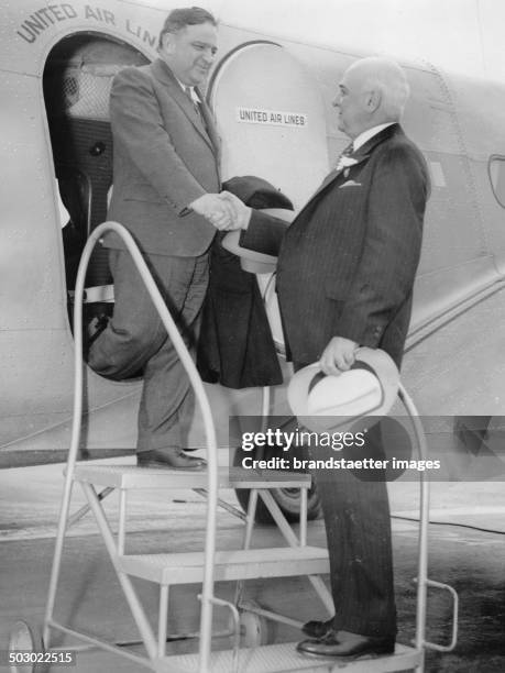 The Mayor of New York Fiorello H. La Guardia is welcomed by San Francisco Mayor Angelo Rossi. San Francisco. 20th April 1936. Photograph.