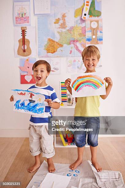 proud of their artwork - children art show stock pictures, royalty-free photos & images