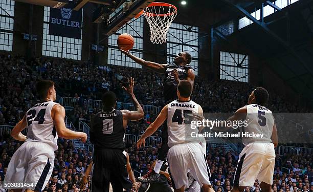 Junior Lomomba of the Providence Friars shoots the ball against the Butler Bulldogs at Hinkle Fieldhouse on December 31, 2015 in Indianapolis,...