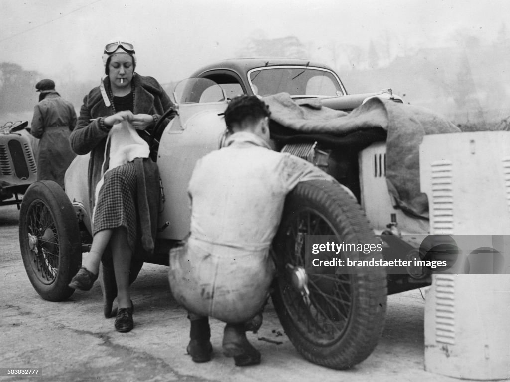 The British Female Racing Driver Roy Eccles On Brooklands Motor Racing Track. 12Th March 1936. Photograph.