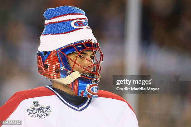 Jose Theodore of the Montreal Canadiens looks on during the 2016 Bridgestone NHL Winter Classic Alumni Game against the Boston Bruins at Gillette...