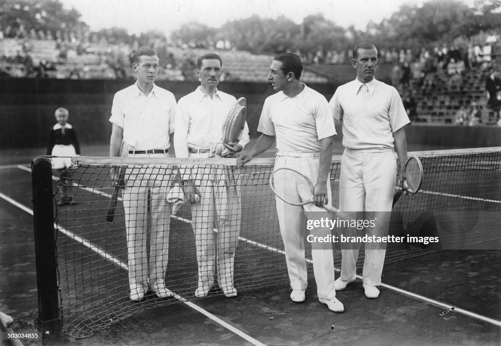 Tennis Match Between Rot-Weiß Tennis Club (Berlin) And Stade Racing (Paris). Hundekehlesee. From Left To Right Christian Boussus - Jacques Brugnon - Daniel Prenn - Hans Moldenhauer. 14Th August 1929. Photograph.