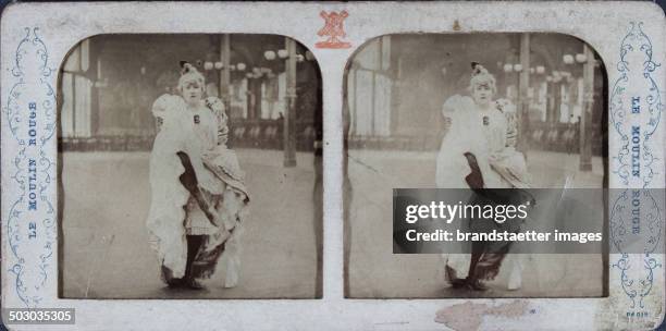 Le Moulin Rouge Paris. La Goulue [Can-Can dancer sitting]. About 1880; hand-colored.; semi-transparent stereo photograph .