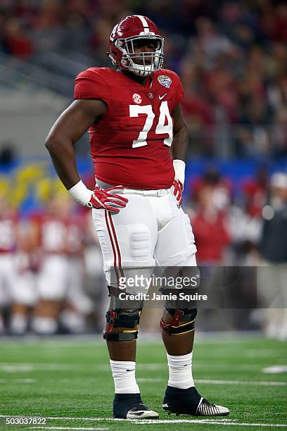 Cam Robinson of the Alabama Crimson Tide looks on against the Michigan State Spartans during the Goodyear Cotton Bowl at AT&T Stadium on December 31,...