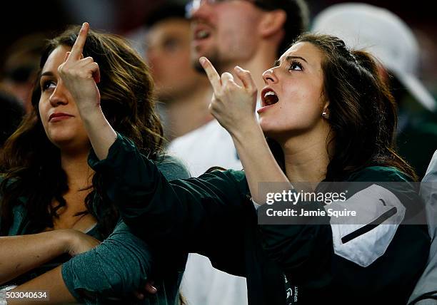 Michigan State Spartans fan expresses herself in the third quarter against the Alabama Crimson Tide during the Goodyear Cotton Bowl at AT&T Stadium...