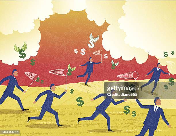 businessmen chasing money with butterfly nets - editorial illustration stock illustrations