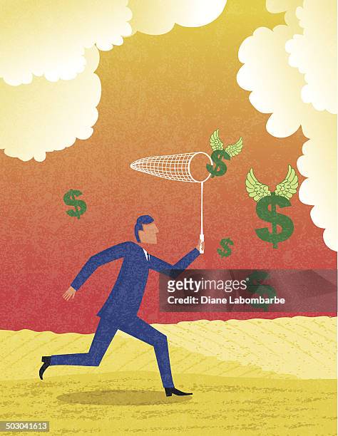 businessman chasing money with butterfly nets - butterfly net stock illustrations