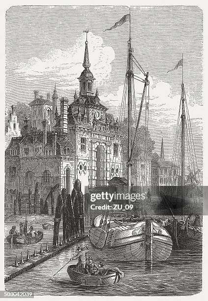 stockillustraties, clipart, cartoons en iconen met gracht in amsterdam, wood engraving, published in 1880 - gracht amsterdam