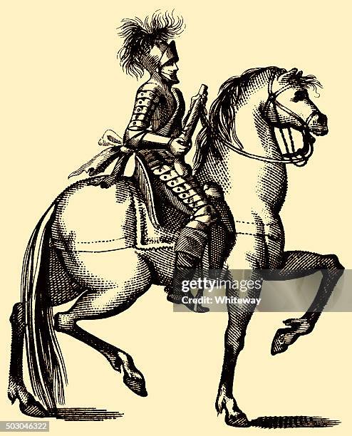 stockillustraties, clipart, cartoons en iconen met free your cock harquebusier 17th century cavalry copperplate engraving - 17e eeuw