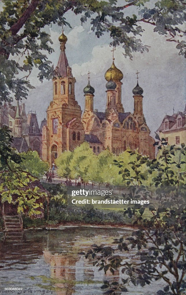 Carlsbad. Russische Kirche, Westend. About 1910. Artist Postcard Based On A Drawing By Hans Götzinger. Colour Postcard. Book Printing.