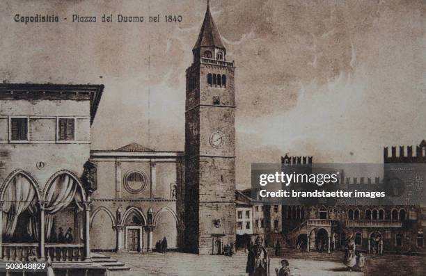 Koper in Slovenia. Cathedral Square. Picture postcard. About 1900. Reproduction based on a drawing .