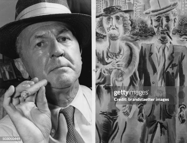 On the left painter George Grosz; on the right watercolor Ehepaar . About 1955. Photograph.