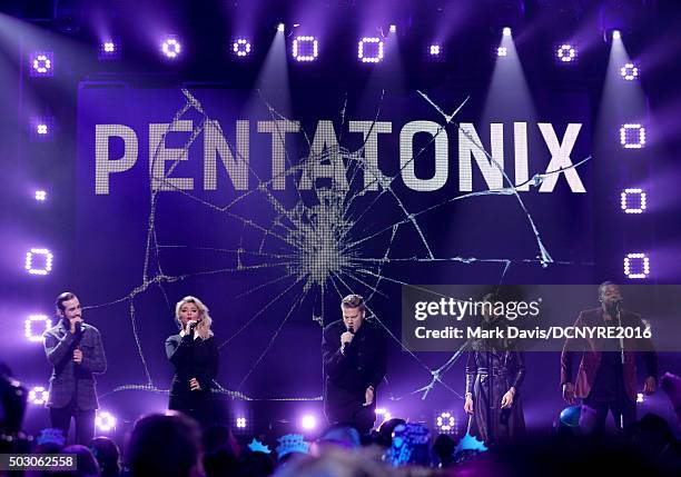 Avi Kaplan, Kirstin Maldonado, Scott Hoying, Mitch Grassi and Kevin Olusola of Pentatonix perform onstage at Dick Clark's New Year's Rockin' Eve with...