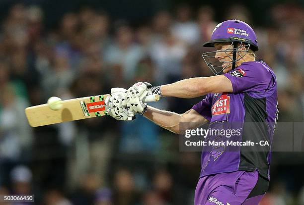 George Bailey of the Hurricanes bats during the Big Bash League match between the Hobart Hurricanes and the Sydney Thunder at Blundstone Arena on...