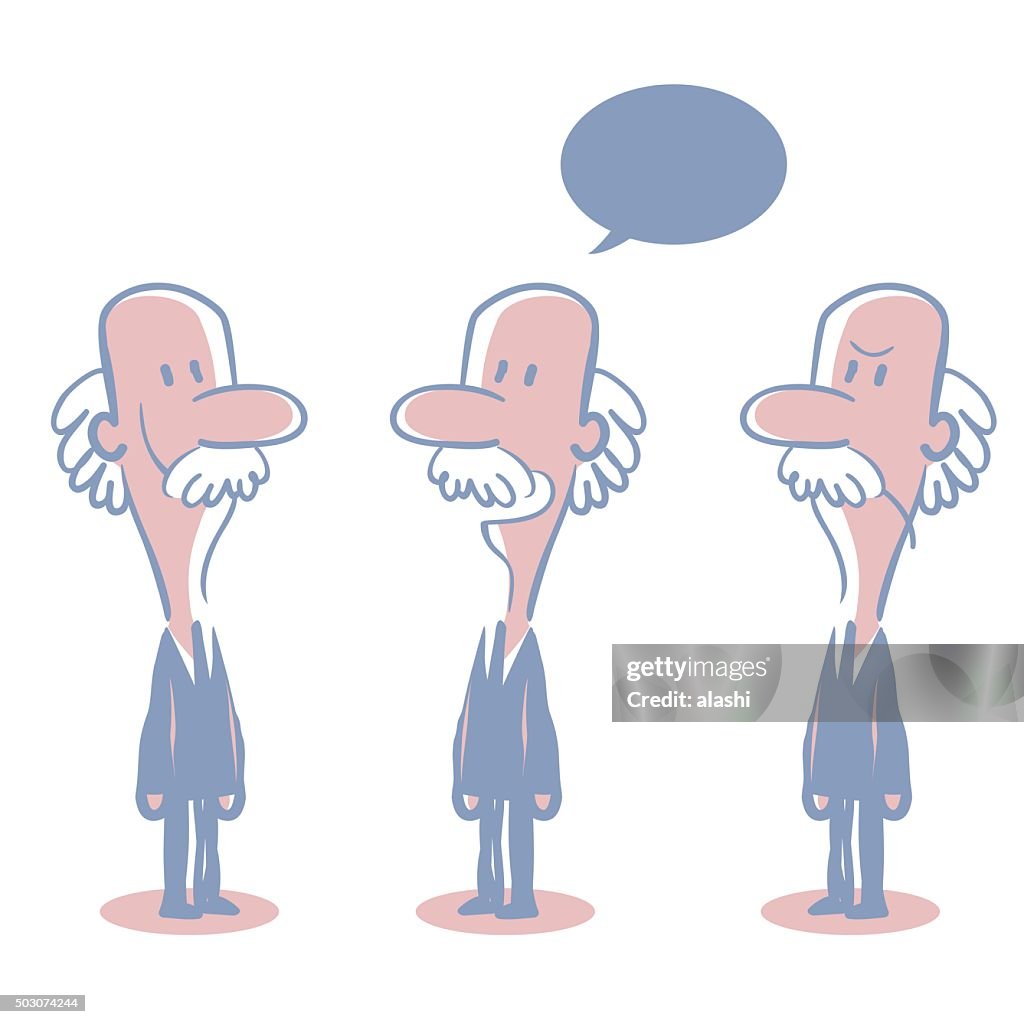 Anziano Calvo Uomo d'affari Doodle emozioni, parlando, sorridente, arrabbiati