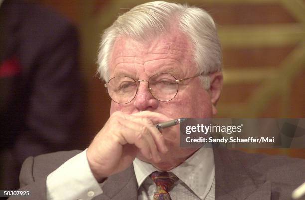 Senator Ted Kennedy of Massachusetts attending hearings and listening to testimony by Attorney General John Ashcroft.