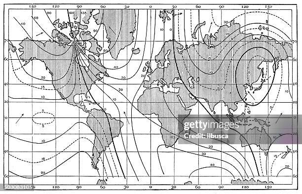 ilustraciones, imágenes clip art, dibujos animados e iconos de stock de antiguo mapa de las líneas de acoplamiento magnético, 1885 declinado - hundir