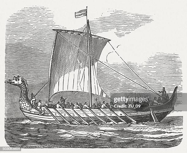 norman ship (10th century), wood engraving, published in 1880 - viking ship sail stock illustrations