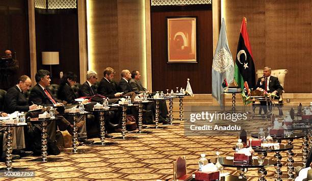 President of the General National Congress Nuri Abusahmin speaks in a meeting with United Nations envoy to Libya, Martin Kobler at the National...