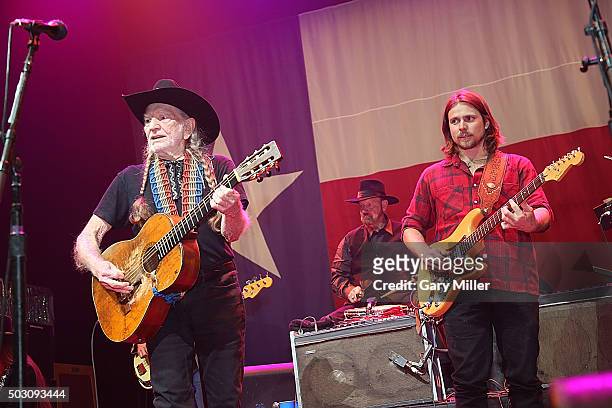 Willie Nelson and son Lukas Nelson perform in concert at ACL Live on December 31, 2015 in Austin, Texas.