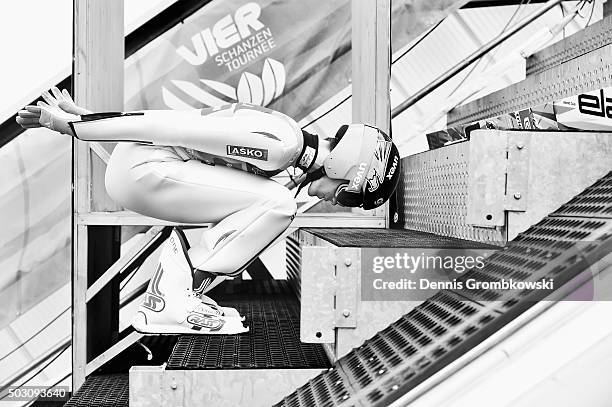 Peter Prevc of Slovenia prepares for his trial jump on Day 2 of the 64th Four Hills Tournament ski jumping event on January 1, 2016 in...