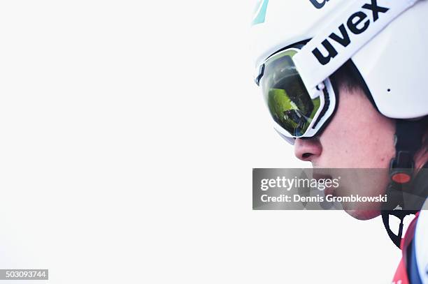 Shohei Tochimoto of Japan prepares for this trial jump on Day 2 of the 64th Four Hills Tournament ski jumping event on January 1, 2016 in...