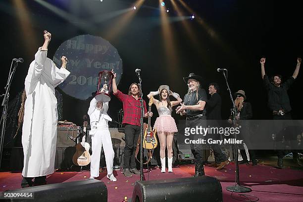 Lukas Nelson, Kacey Musgraves, Willie Nelson, Mickey Raphael, Billy Gibbons and Micah Nelson perform in concert at ACL Live on December 31, 2015 in...