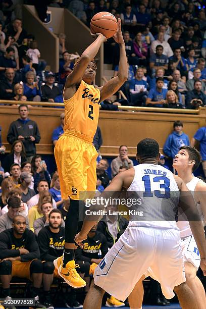 Nick Faust of the Long Beach State 49ers puts up a shot against the Duke Blue Devils at Cameron Indoor Stadium on December 30, 2015 in Durham, North...