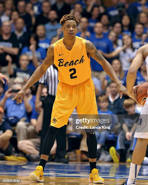 Nick Faust of the Long Beach State 49ers in action against the Duke Blue Devils at Cameron Indoor Stadium on December 30, 2015 in Durham, North...