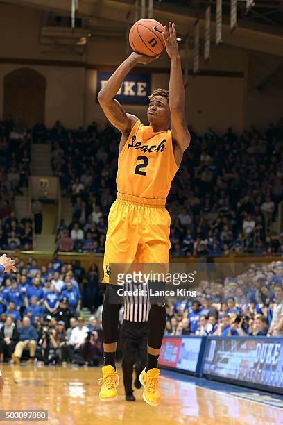 Nick Faust of the Long Beach State 49ers puts up a shot against the Duke Blue Devils at Cameron Indoor Stadium on December 30, 2015 in Durham, North...
