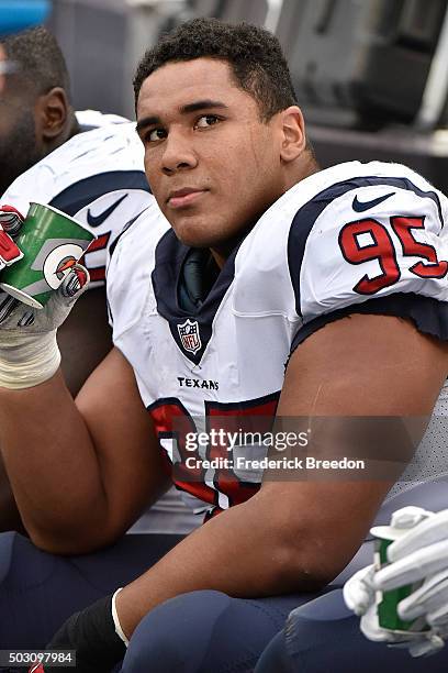 Christian Covington of the Houston Texans watches from the sideline during a game against the Tennessee Titans at Nissan Stadium on December 27, 2015...