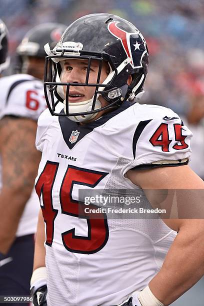 Jay Prosch of the Houston Texans watches from the sideline during a game against the Tennessee Titans at Nissan Stadium on December 27, 2015 in...