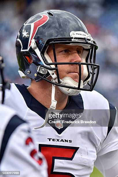 Quarterback Brandon Weeden of the Houston Texans watches from the sideline during a game against the Tennessee Titans at Nissan Stadium on December...