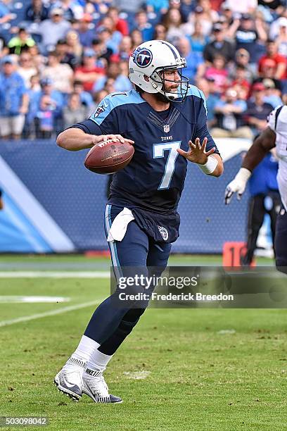 Quarterback Zach Mettenberger of the Tennessee Titans plays against the Houston Texans at Nissan Stadium on December 27, 2015 in Nashville, Tennessee.