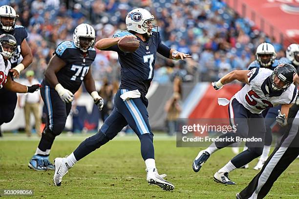 Quarterback Zach Mettenberger of the Tennessee Titans plays against the Houston Texans at Nissan Stadium on December 27, 2015 in Nashville, Tennessee.