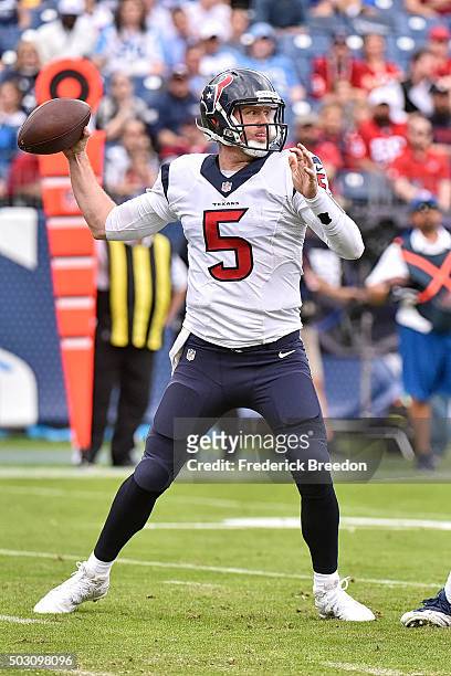 Quarterback Brandon Weeden of the Houston Texans plays against the Tennessee Titans at Nissan Stadium on December 27, 2015 in Nashville, Tennessee.