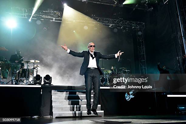 PitBull performs at the Pitbulls New Years Eve Revolution 2015 at Bayfront Park Amphitheater on December 31, 2015 in Miami, Florida.